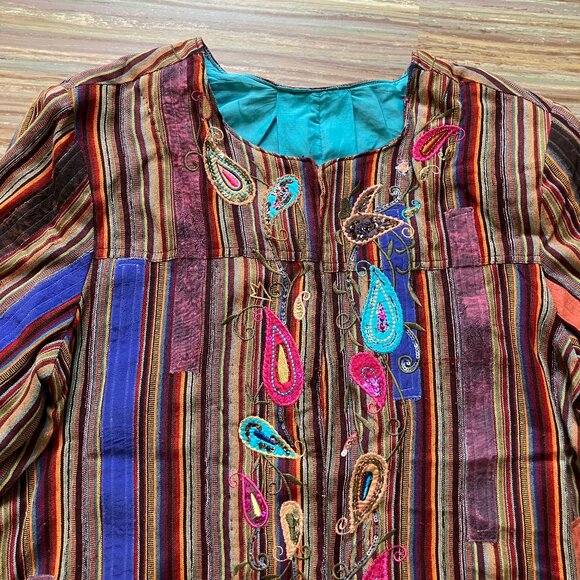 Embellished Patchwork Jacket Blazer Multi Color Stripe Embroidery & Sequins - Picture 4 of 7